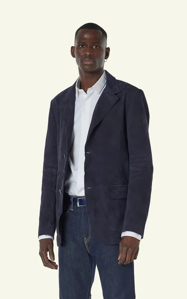 Blazer cuir velours Billy Bleu Serge Pariente - La Canadienne - Vestes et 3/4 Nubuck et Daim Bleu