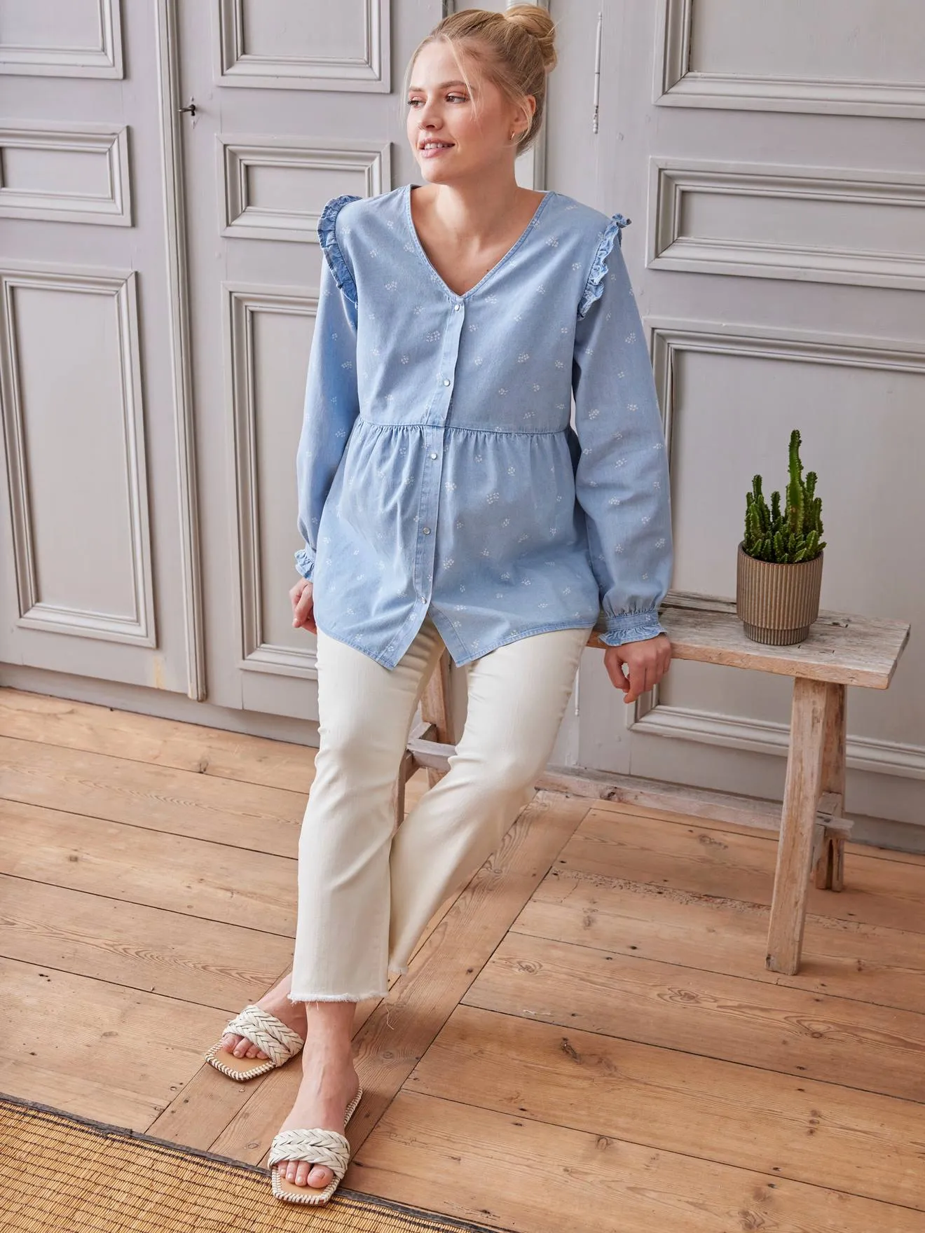 Blouse effet denim grossesse et allaitement imprimé fleurs double stone - Vertbaudet