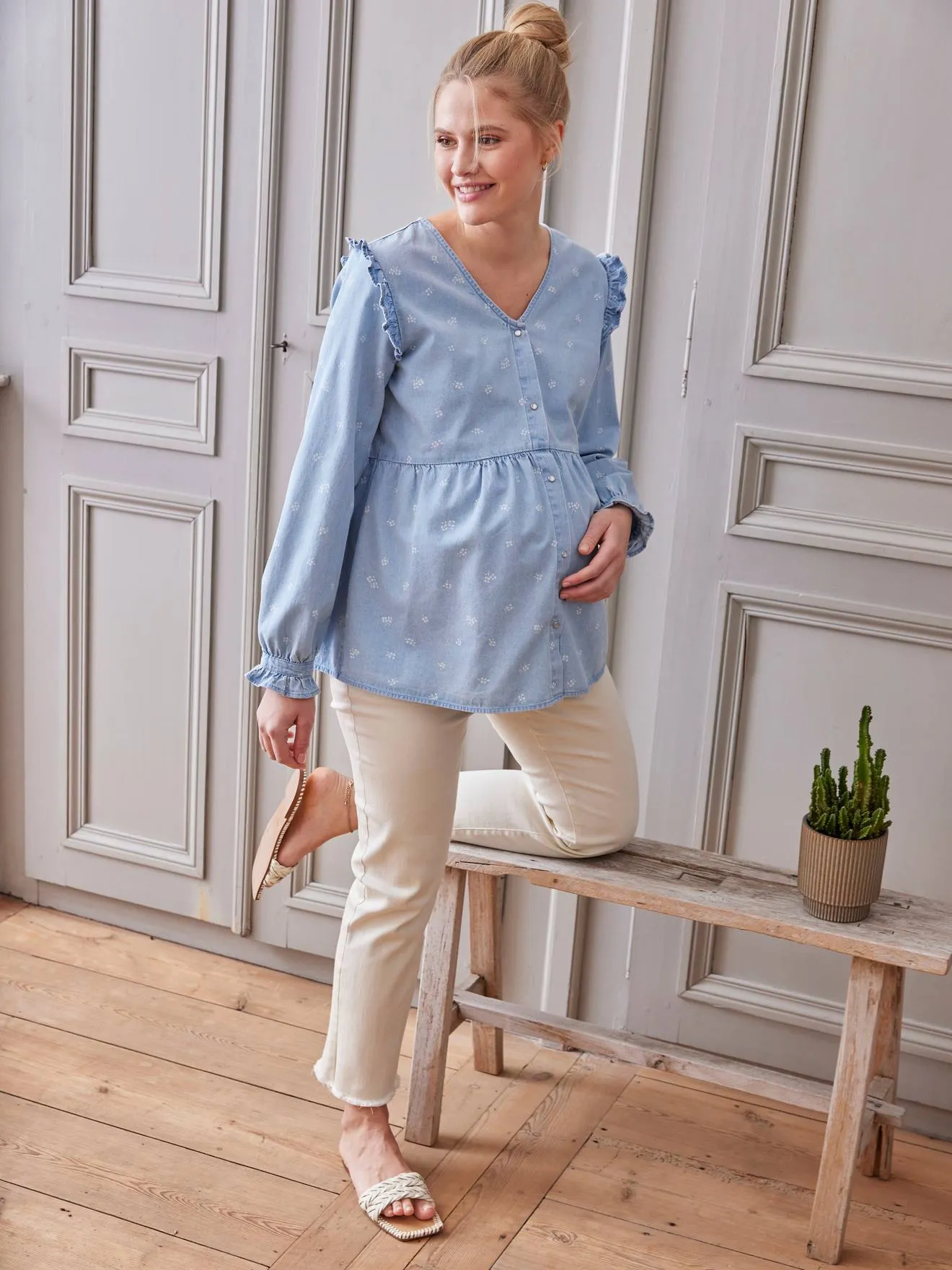 Blouse effet denim grossesse et allaitement imprimé fleurs double stone - Vertbaudet