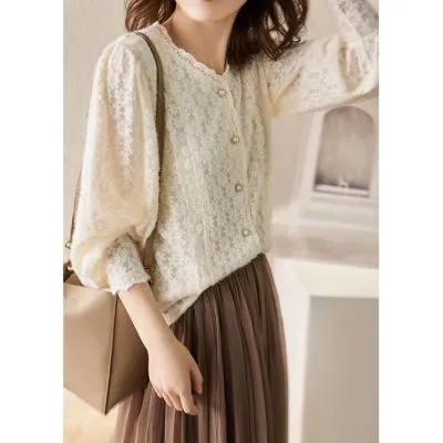 Blouse en Dentelle Ajourée à Manches Bouffantes et Col Rond pour Femme - Blanc