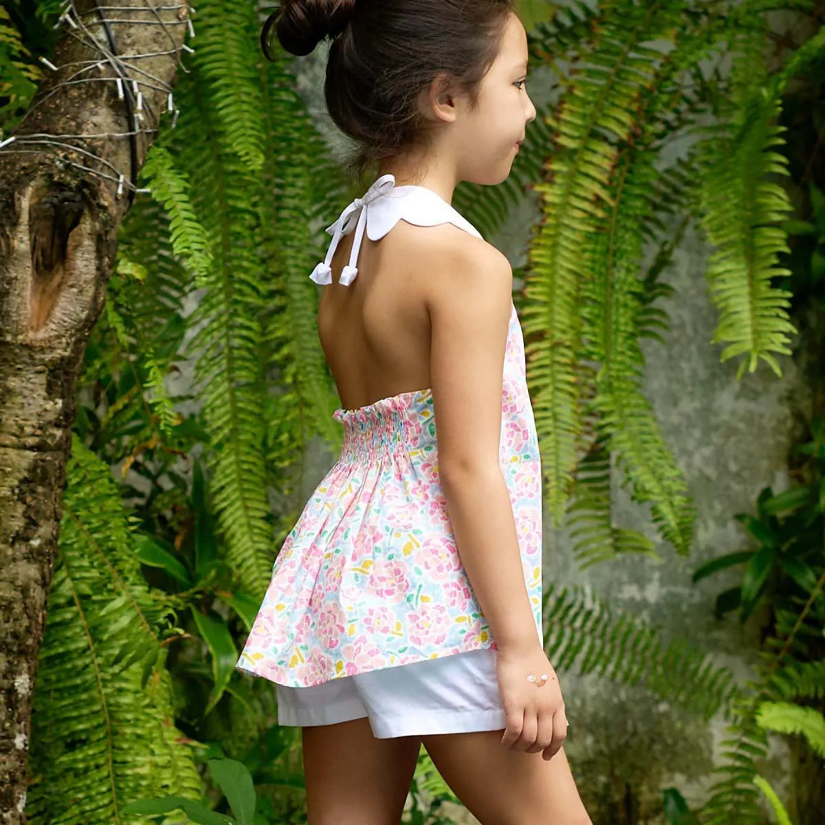 Blouse Fleurie Rose Pâle Été Fille | Col Forme Pétales | Tulipe