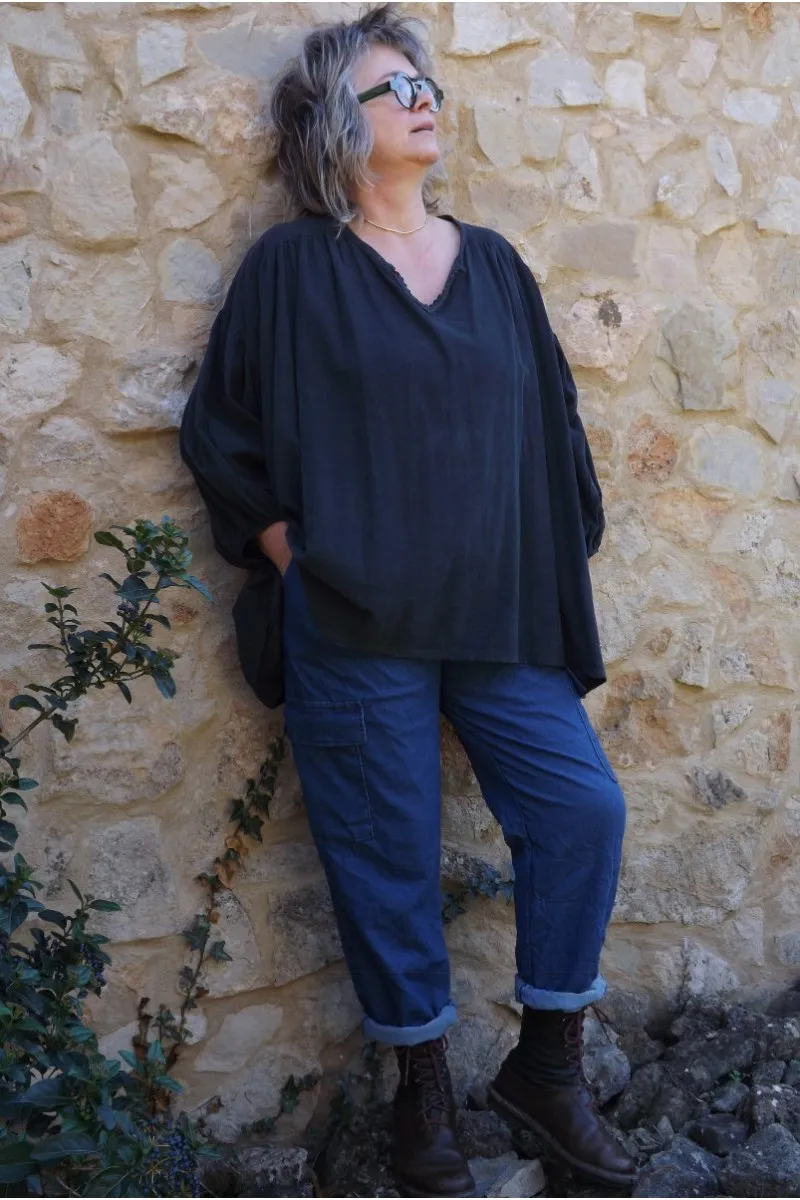 Blouse oversize femme grande taille en velours milleraies anthracite.