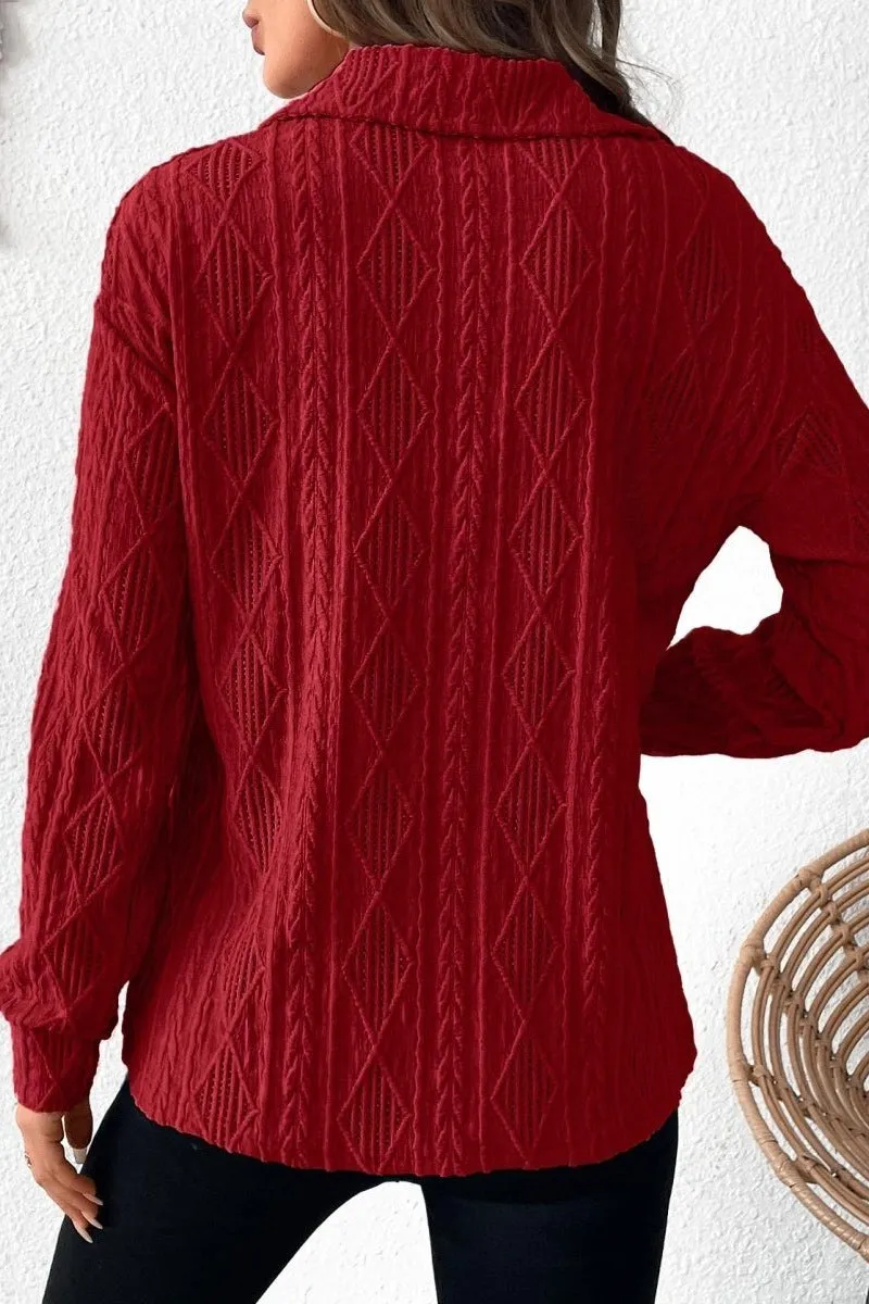 Blouse à Col Rabattu en Dentelle Rouge Vin à Manches Longues