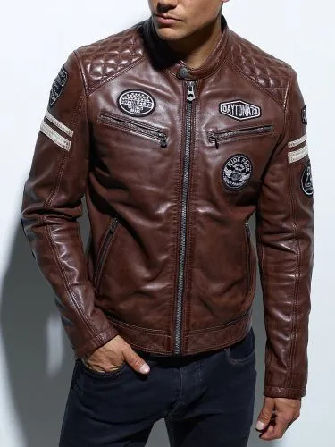 BLOUSON STYLE MOTO BADGE WALKER DAYTONA 73 MARRON