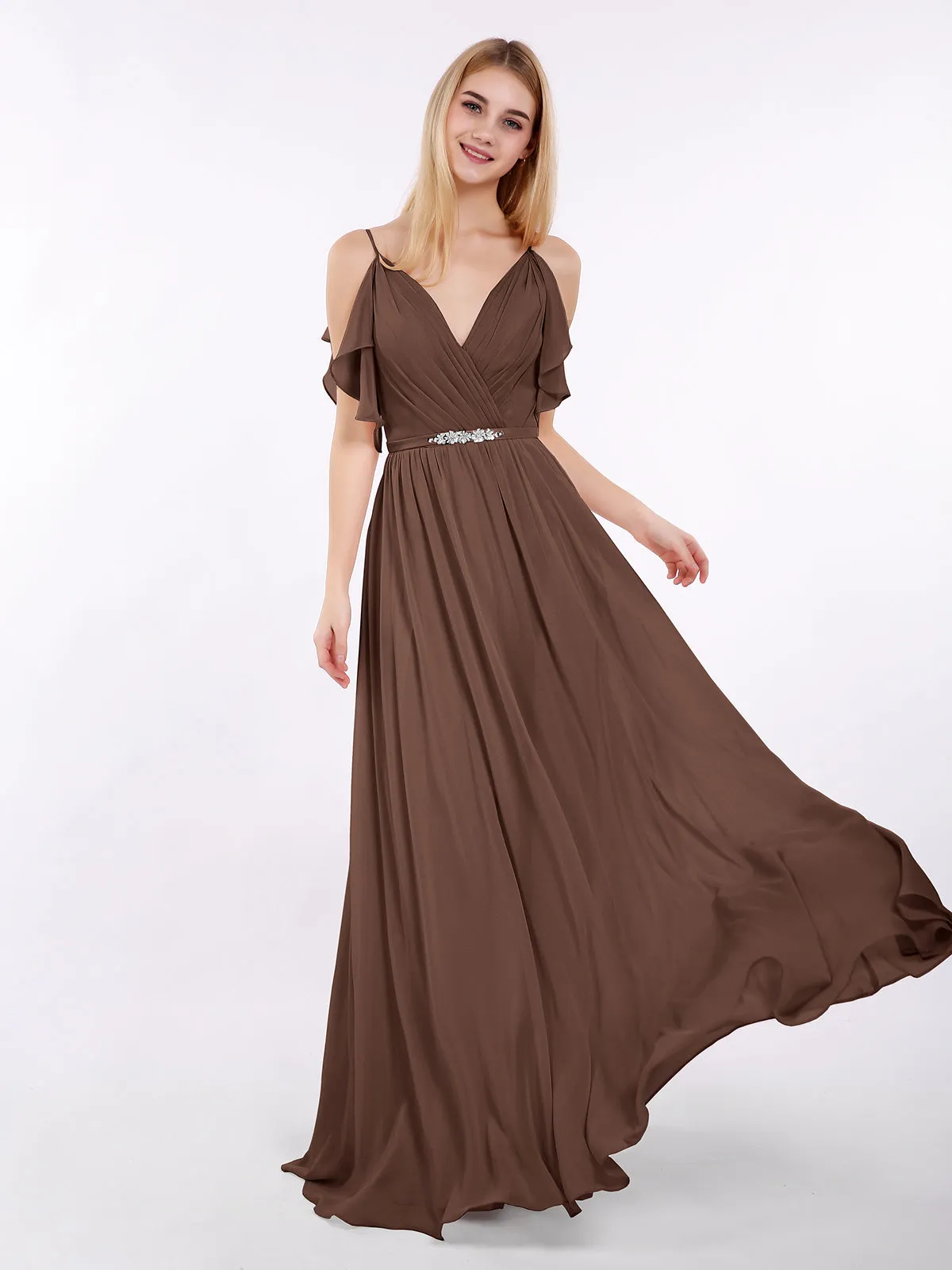 Bretelle Spaghetti Mousseline Robe avec Col en V Chocolat
