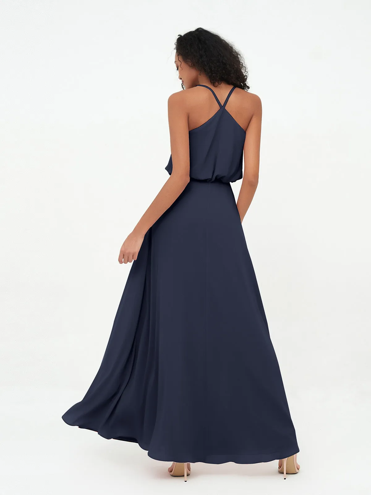 Bretelles Spaghetti Décolleté en V Robes en Mousseline Bleu Marine Grande Taille