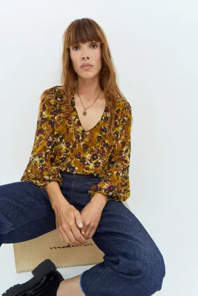 CAMBOURG - Blouse miel à imprimé estampes fleuries en polyester recyclé