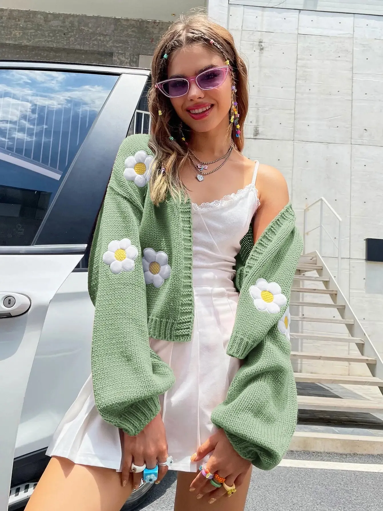 Cardigan Tricoté Automne avec Broderie de Fleurs