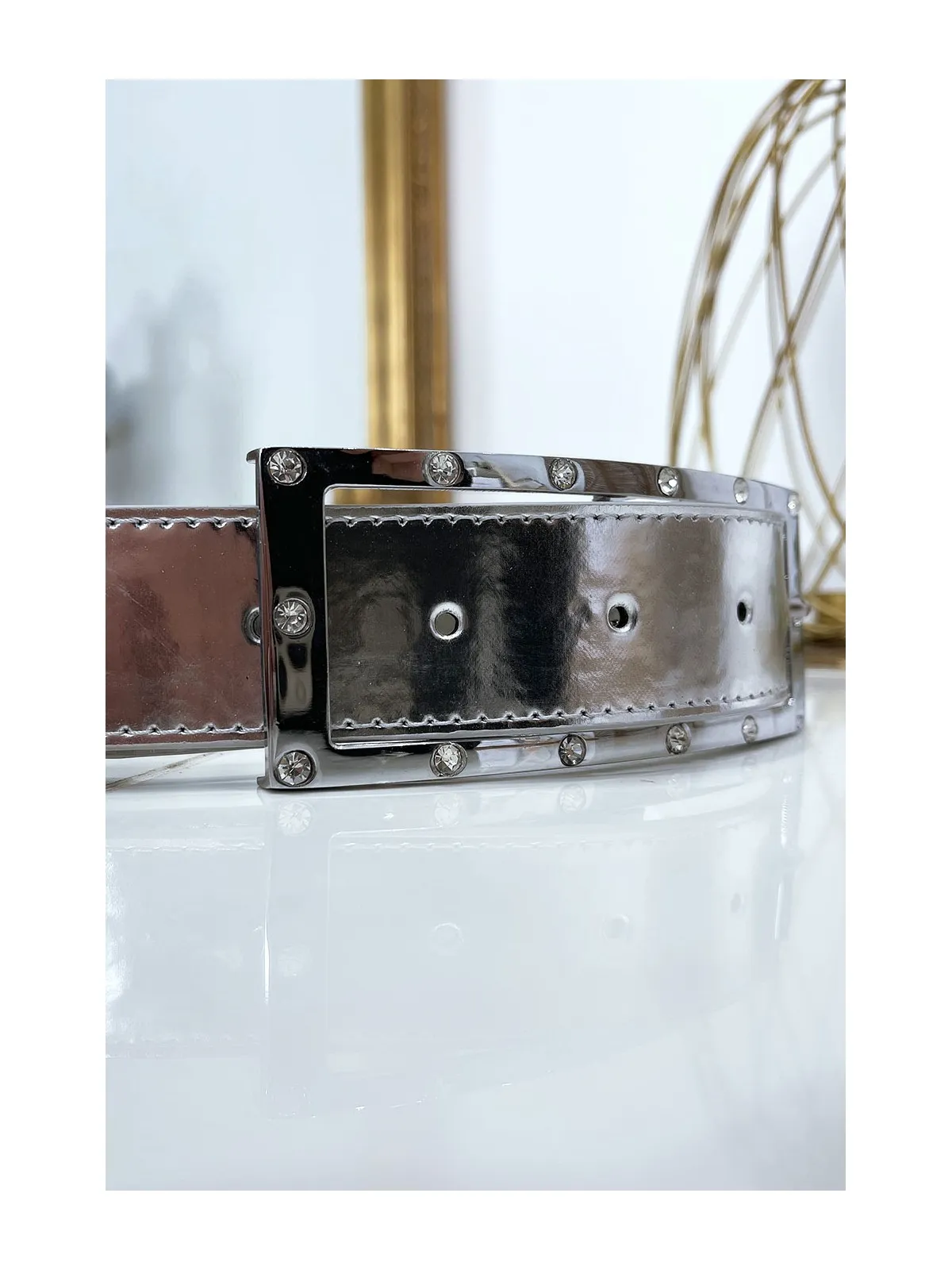 Ceinture argenté avec boucle rectangle strass et argenté