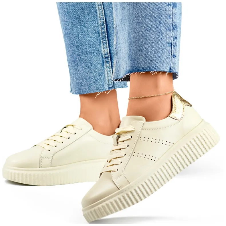 Chaussures de sport beiges pour femmes en cuir naturel, chaussures en cuir pour femmes