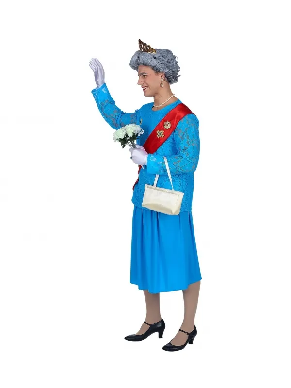 Déguisement Reine Elisabeth Homme (haut, jupe, l'écharpe, gants, couronne, sac a main)