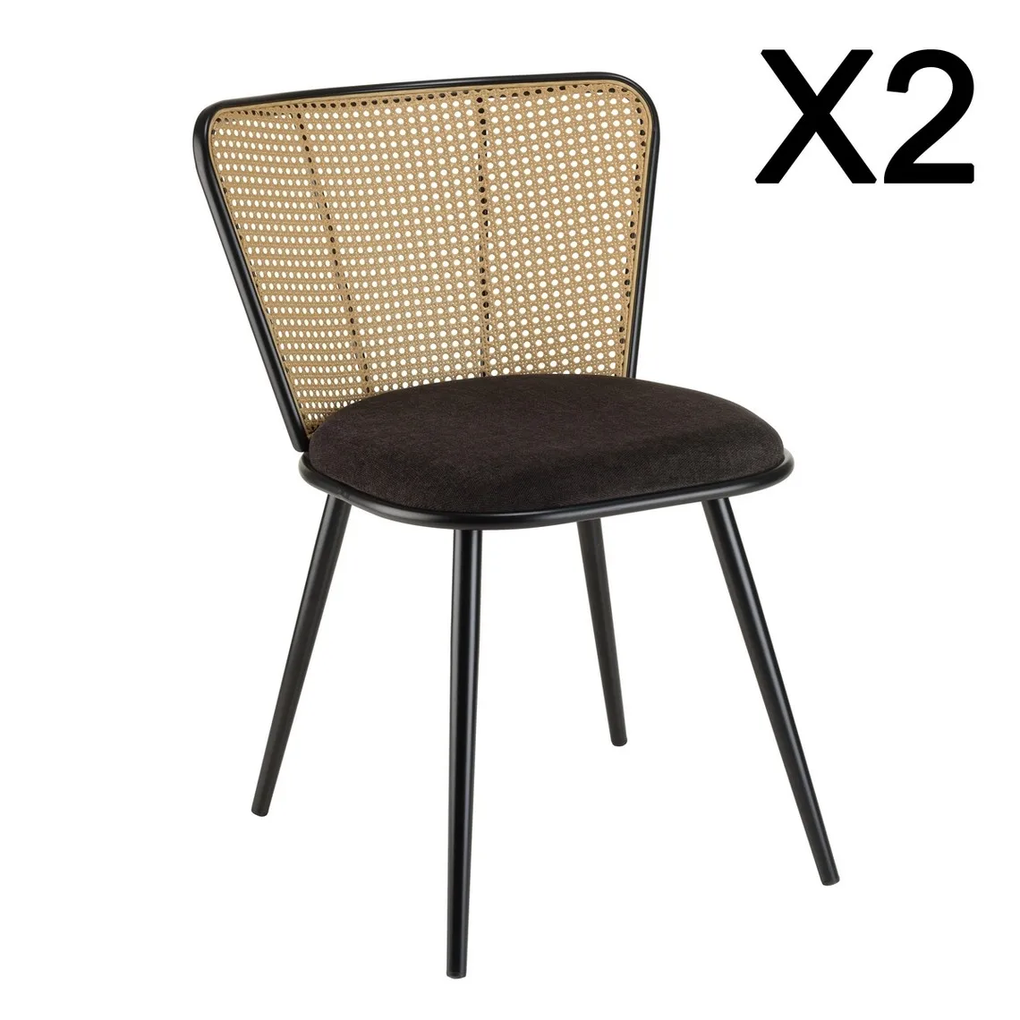 Lot de 2 chaises assise tissu noir large dossier effet cannage LEA | 3 Suisses