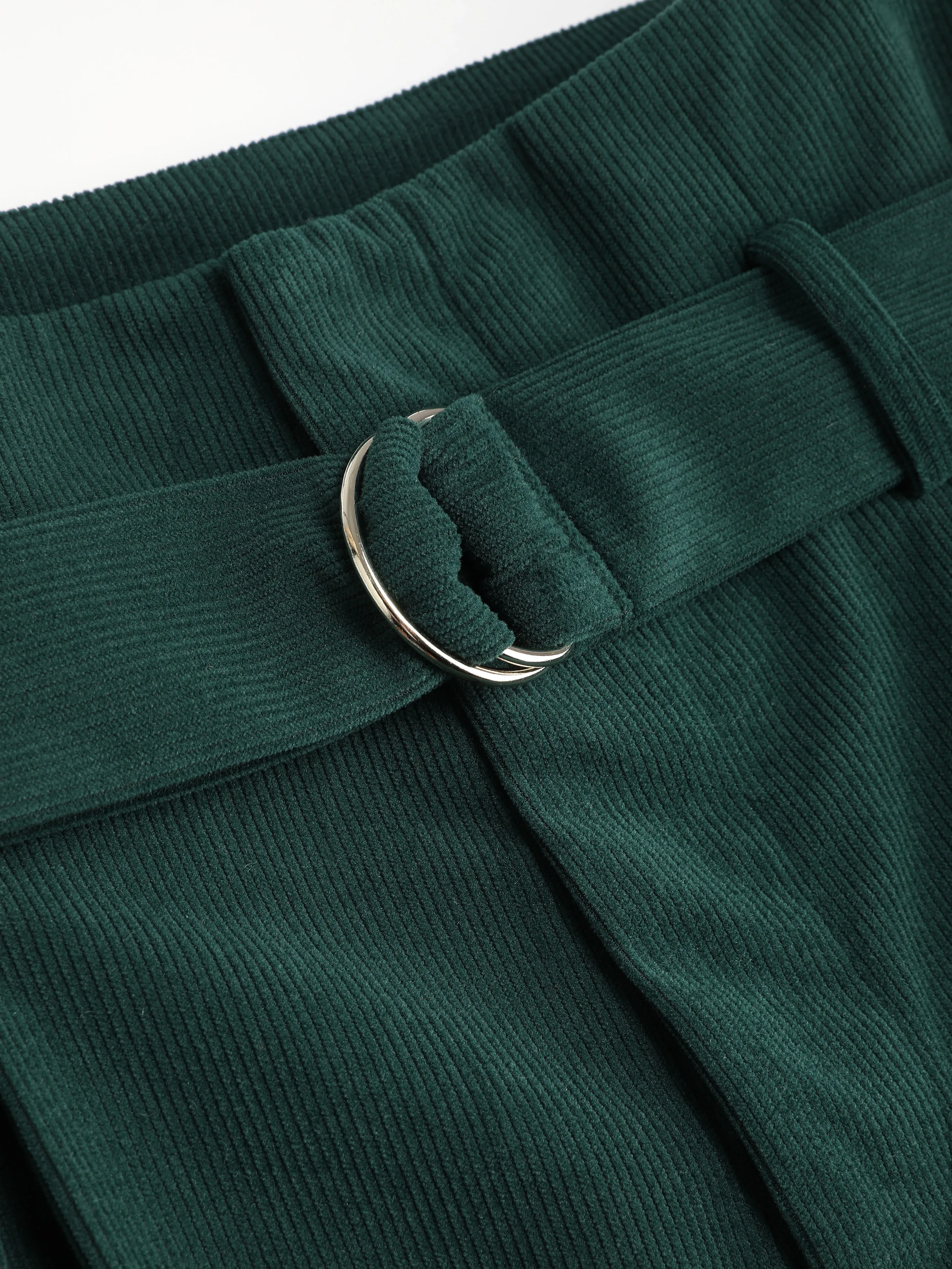  Pantalon large en velours côtelé uni avec ceinture