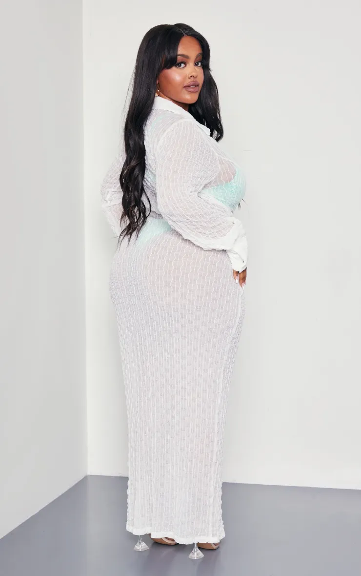 Plus Robe-chemise de plage en mesh texturé blanc 