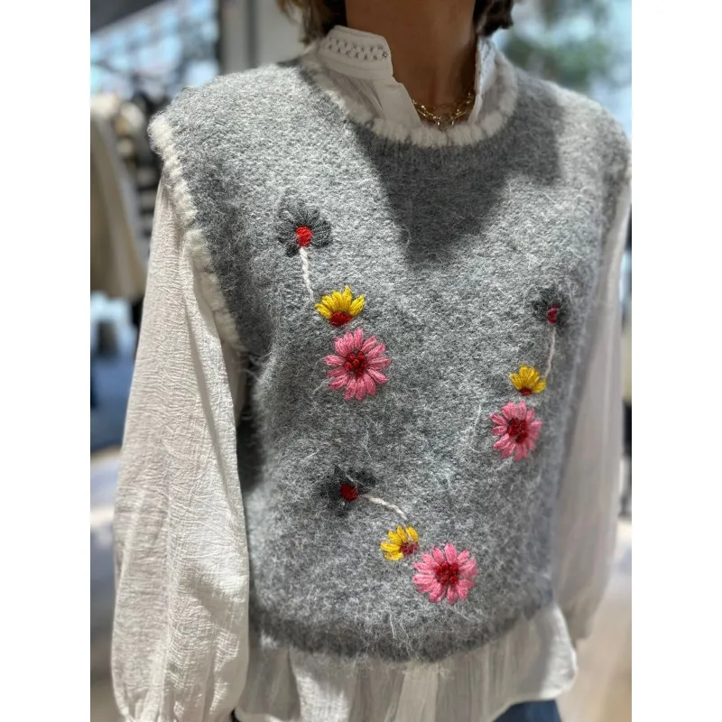 Pull Sans Manche Gris Fleuri