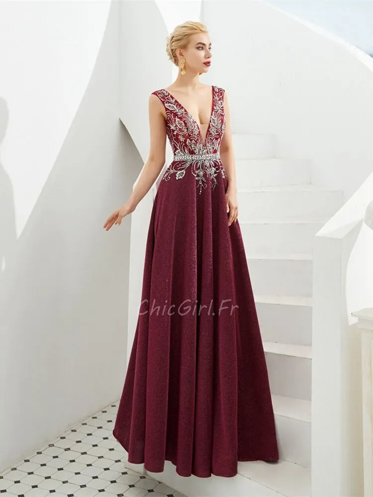 Robe Ceremonie Robe De Soirée Longue Bordeaux Strass Décolleté V Plongeant