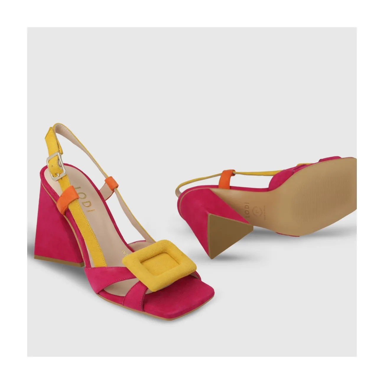 Sandale pour femme en daim combiné à des couleurs vives.I LODI Chaussures pour femme online.