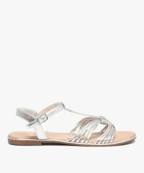 sandales femme a talon plat et fines brides metallisees gris sandales plates et nu-pieds