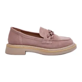 S.Barski Mocassins pour femmes en daim sur talon plat avec décoration D&amp;A TW101 Dirty Pink rose